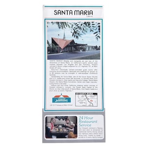 May include: A vintage brochure for Santa Maria, California, featuring a photo of a Howard Johnson's Motor Lodge. The brochure includes text about local attractions, accommodations, and a map. The bottom section advertises a 24-hour restaurant service.