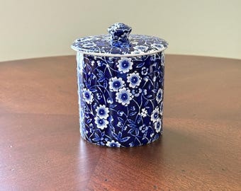 Burleigh Calico Jam Jar Blue White Floral With Lid Made in England Vintage