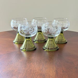 Etched Roemer Glasses Olive Green Beehive Stem (5) 4&quot; Tall Open Bottom Floral