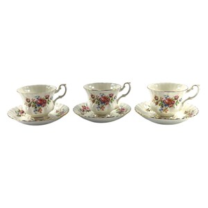 1956 Royal Albert Moss Rose Bone China Tea Cups & Saucers Set of 3 Vintage