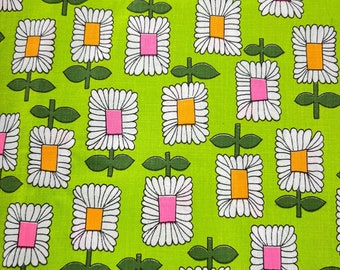 Vintage Fabric Lime Green with Daisies Flowers 2+ Yards USA Made 1970s - 80s