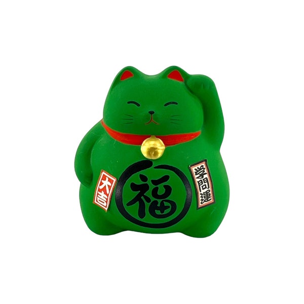 Green Lucky Cat Coin Bank Vintage Made in Japan Maneki Neko Ceramic Felt Bottom