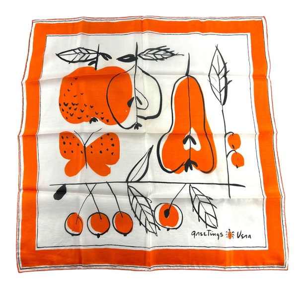 Vintage Vera Greetings Silk Scarf 1960s Fruit Orange White Black Square Ladybug