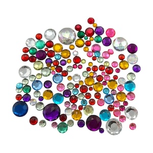 Craft Gem Lot Acrylic Flat Back Assorted Sizes & Colors in Metal Craft Container