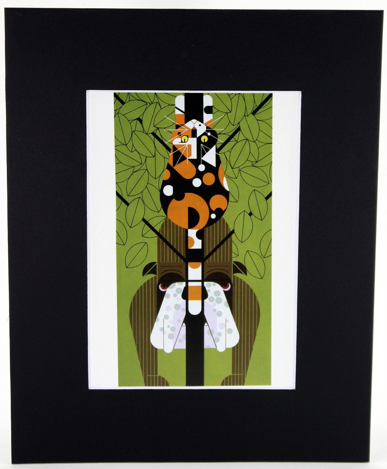 Catnip Charley Harper Print Cat /& Mockingbird Black Matted Large