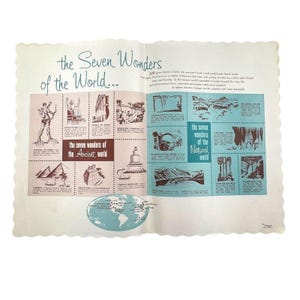1960s 1970s Vintage Restaurant Paper Placemat Seven Wonders of the World