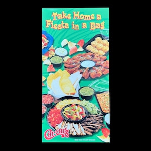 May include: A green advertisement with the text "Take Home a Fiesta in a Bag" features a variety of Mexican food items. The image includes tacos, chips, salsa, guacamole, and various entrees, all arranged on a green background.