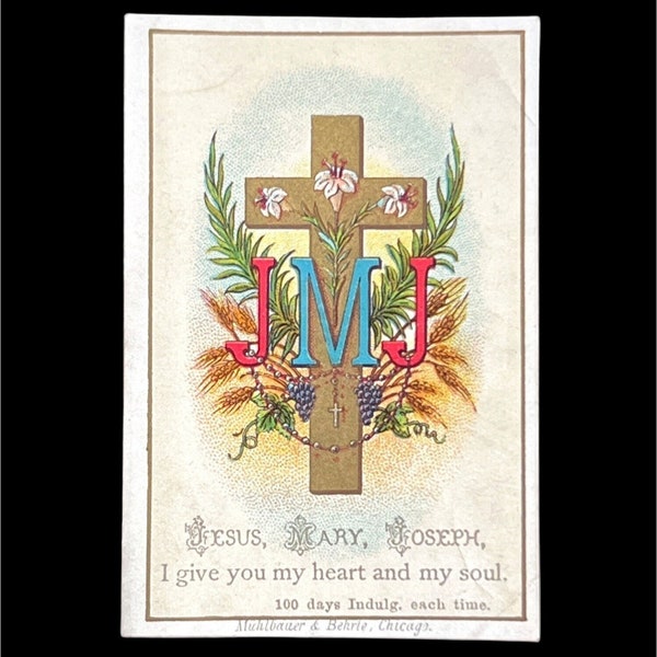 JMJ Catholic Indulgence Holy Card Antique Chromolithograph Jesus Mary Joseph
