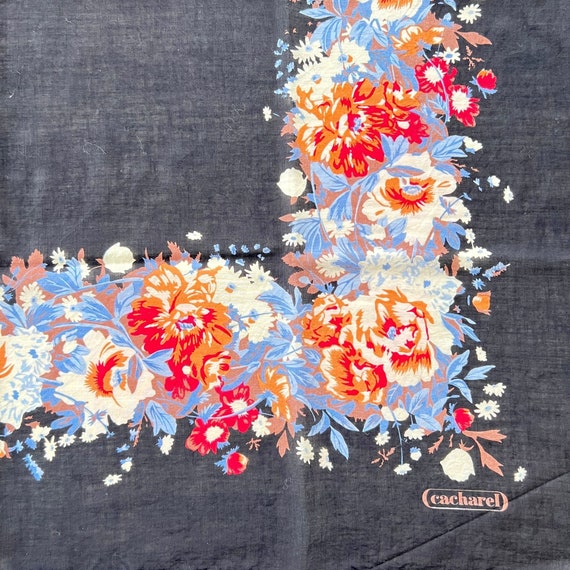 Cacharel Large Floral Scarf 34" Square Black w/ F… - image 3
