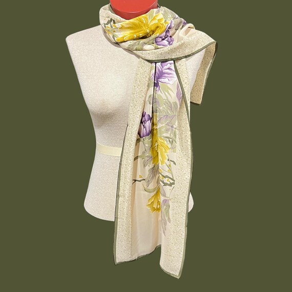 Peonies Scarf Purple and Gold on Beige Rectangula… - image 4