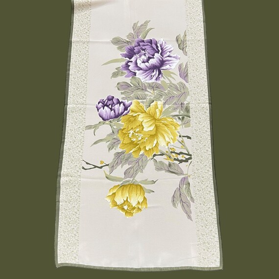 Peonies Scarf Purple and Gold on Beige Rectangula… - image 7