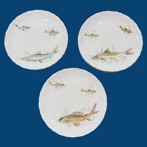 Tharaud Limoges Fish Plates Set of 6 Porcelain From France 9 3/4&quot;  3 Designs x 2