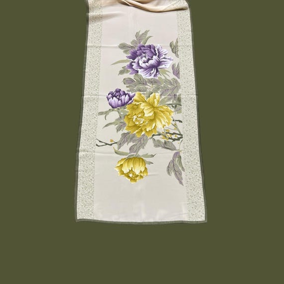 Peonies Scarf Purple and Gold on Beige Rectangula… - image 6