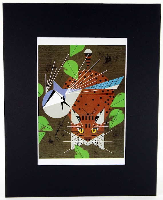 Catnip Charley Harper Print Cat /& Mockingbird Black Matted Large