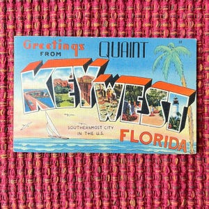 1941 Key West Large Letter Postcard Greetings from Quaint Florida Linen
