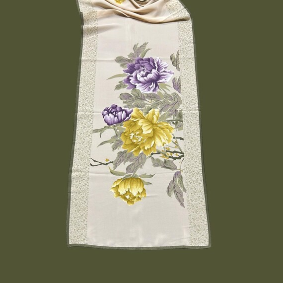 Peonies Scarf Purple and Gold on Beige Rectangula… - image 2