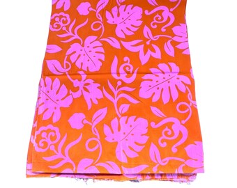 Bright Orange and Pink Hawaiian Tropical Print Fabric 2 1/2 Yds Cotton / Blend