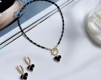 Black Spinel Necklace, Toggle Necklace, Drop Earrings, Earrings Heart, Necklace Pendant Heart, Jewelry Set, Gift For Her.