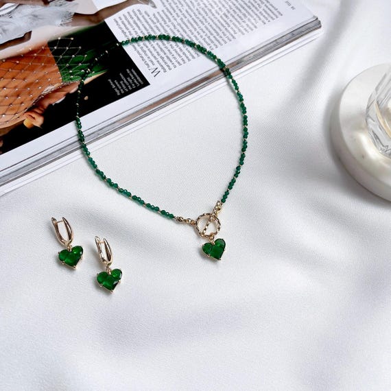 Green Spinel Necklace, Toggle Necklace, Drop Earrings, Earrings Heart, Choker Necklace, Necklace Pendant Heart, Jewelry Gift For Her