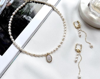Real White Pearl Jewelry Set Women, Mother Of Pearl Pendant Pearl Necklace Choker, Long Dangle Pearl Earrings, Bridal Jewelry, Gift For Her.