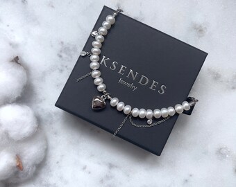 Natural Freshwater White Pearl Bracelet, Charm Bracelet, Pendant Pearl Bracelet, Gift For Her, Bridal Bracelet, Bracelet Heart