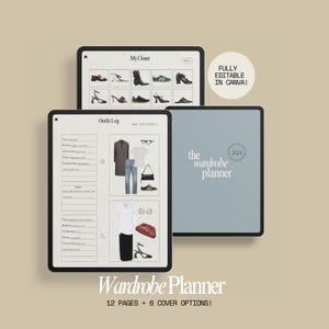 Op de afbeelding: Een digitale tablet met een sjabloon voor een kledingkastplanner met een blauwe omslag en de tekst "the wardrobe planner 2021". De tablet staat op een beige achtergrond. De sjabloon bevat een "My Closet" sectie met een raster van kleding- en schoenafbeeldingen, een "Outfit Log" sectie met twee outfitvoorbeelden en de tekst "Wardrobe Planner 12 PAGES + 6 COVER OPTIONS!"
