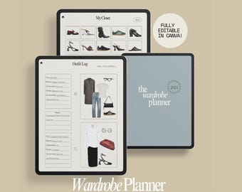 May include: A digital tablet displaying a wardrobe planner template with a blue cover and the text "the wardrobe planner 2021". The tablet is on a beige background. The template includes a "My Closet" section with a grid of clothing and shoe images, an "Outfit Log" section with two outfit examples, and the text "Wardrobe Planner 12 PAGES + 6 COVER OPTIONS!"