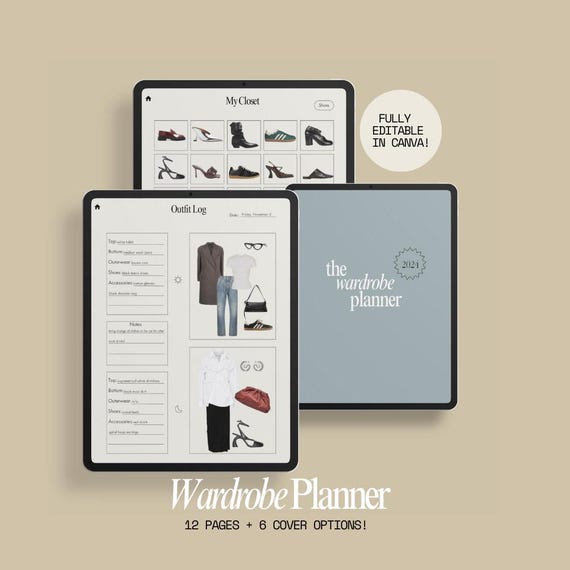 Minimalist Customizable Wardrobe Planner - Aesthetic, Modern Template, Digital Editable Journal, Printable, Canva, GoodNotes