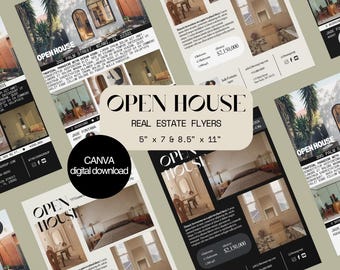 Op de afbeelding: Een set van vier printbare makelaarsflyers met een modern ontwerp. De flyers hebben een zwart-wit kleurenschema met een minimalistische esthetiek. De tekst op de flyers bevat de woorden "Open House" en "Real Estate Flyers".