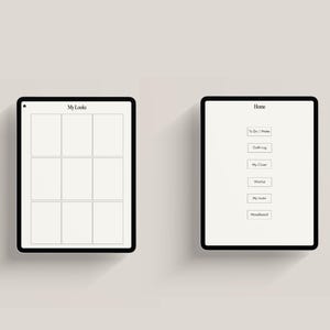 Op de afbeelding: Twee tabletschermen, een met de naam "My Looks" met een raster van negen lege vierkanten, en de andere met de naam "Home" met een lijst met opties: "To Do/Notes", "Outfit Log", "My Closet", "Wishlist", "My Looks" en "Moodboard".