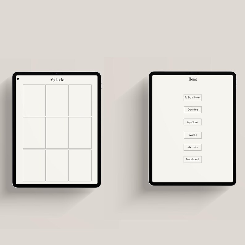 Op de afbeelding: Twee tabletschermen, een met de naam "My Looks" met een raster van negen lege vierkanten, en de andere met de naam "Home" met een lijst met opties: "To Do/Notes", "Outfit Log", "My Closet", "Wishlist", "My Looks" en "Moodboard".