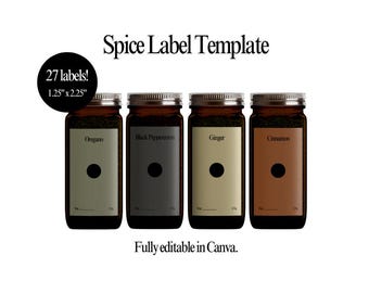 Minimalist Kitchen Spice Jar Label Template - Canva, Pantry Organization, Bottle Labels, Editable, Herbs, Tea Labels, Modern, Customizable