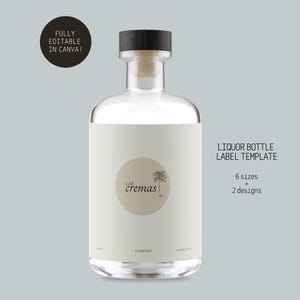 Könnte beinhalten: Eine klare Glasflasche für Likör mit einem weißen Etikett, auf dem ein Palmenbaum und der Text "LAS cremas" in einem Kreis abgebildet sind. Das Etikett enthält auch den Text "COQUITO" und "MONE". Die Flasche hat einen schwarzen Verschluss und einen Korkstopfen. Der Text "LIQUOR BOTTLE LABEL TEMPLATE" wird über der Flasche angezeigt, zusammen mit dem Text "6 Größen + 2 Designs".