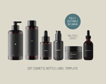 Minimal Skincare Cosmetic Brand Label Template Bundle - Canva, Dropper, Jar, Spray, Pump, Oil Bottle Label, Modern Design, Editable, DIY
