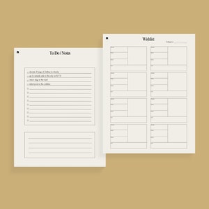 Op de afbeelding: Een printbare to-dolijst en verlanglijstplanner met lege regels om taken en items op te schrijven. De to-dolijst heeft een sectie voor notities en de verlanglijst heeft een sectie voor categorie.