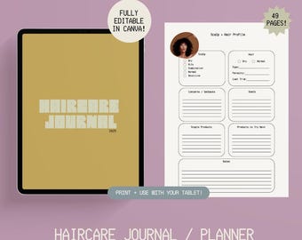 Minimalistische natuurlijke haarverzorging dagboeksjabloon - planner, routine, voortgangsdagboek, volledig bewerkbaar, modern, tracker, afdrukbaar, canva, iPad