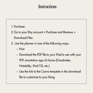 Op de afbeelding: Instructies voor het gebruik van een planner. Koop de planner op Etsy, download vervolgens het PDF-bestand om te gebruiken met een PDF-annotatie-app of gebruik de link naar de Canva-sjabloon om de planner aan te passen.