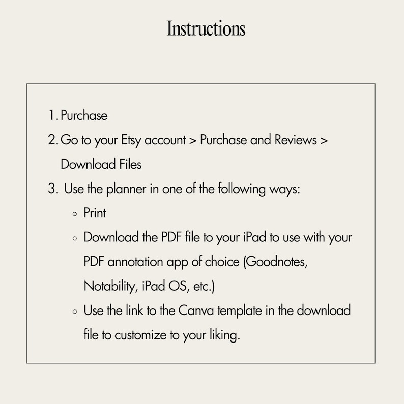 Op de afbeelding: Instructies voor het gebruik van een planner. Koop de planner op Etsy, download vervolgens het PDF-bestand om te gebruiken met een PDF-annotatie-app of gebruik de link naar de Canva-sjabloon om de planner aan te passen.