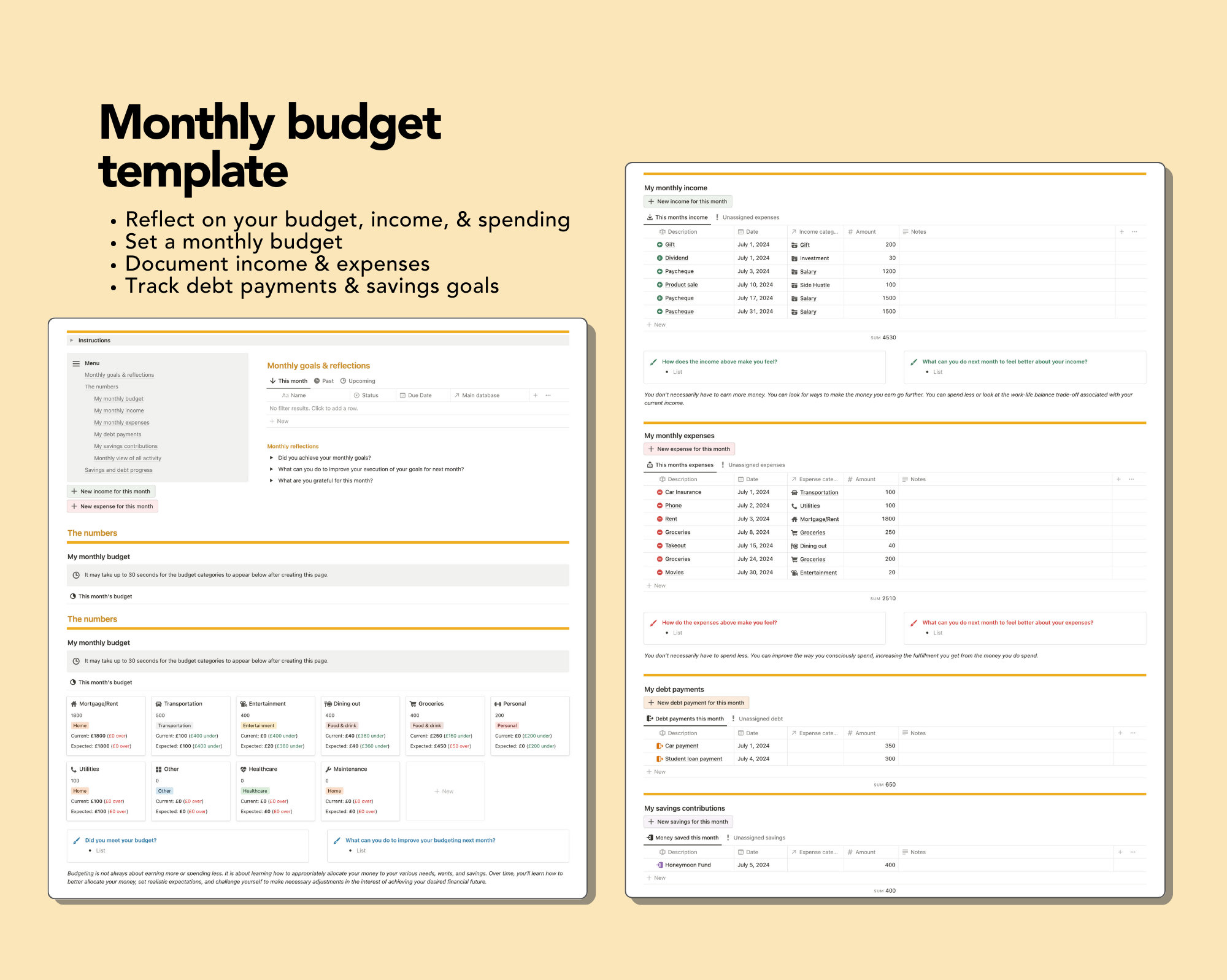 Money Journal & Monthly Budget Exercises for Money Reflections to Help ...