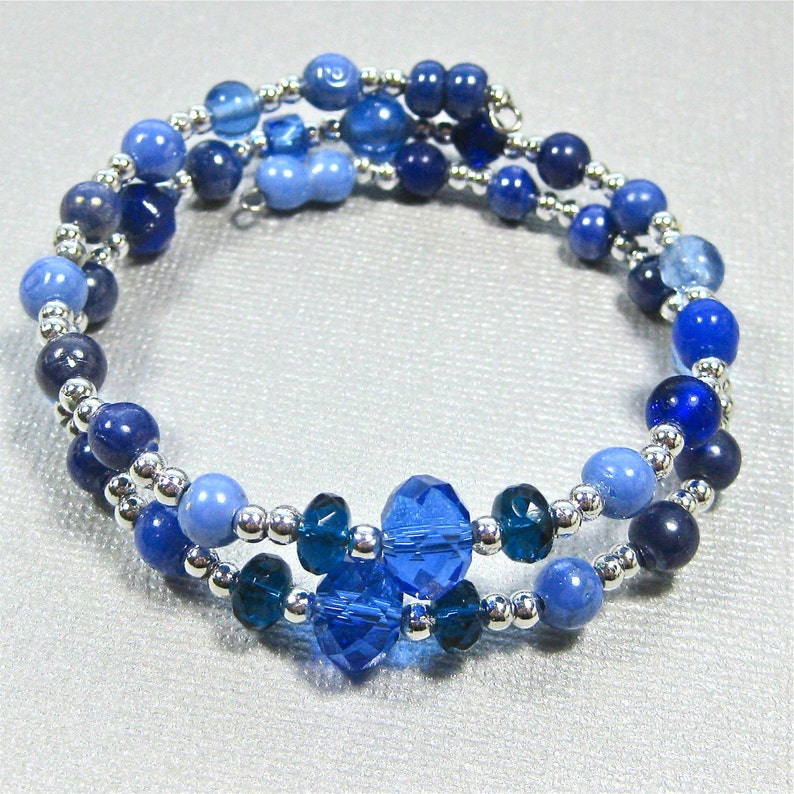 Blue and Silver Wrap Bracelet Blue Crystals Beads and Silver - Etsy