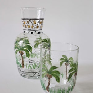 Vintage Caribbean Palm Hand Painted Bedside Carafe and Tumbler, Set