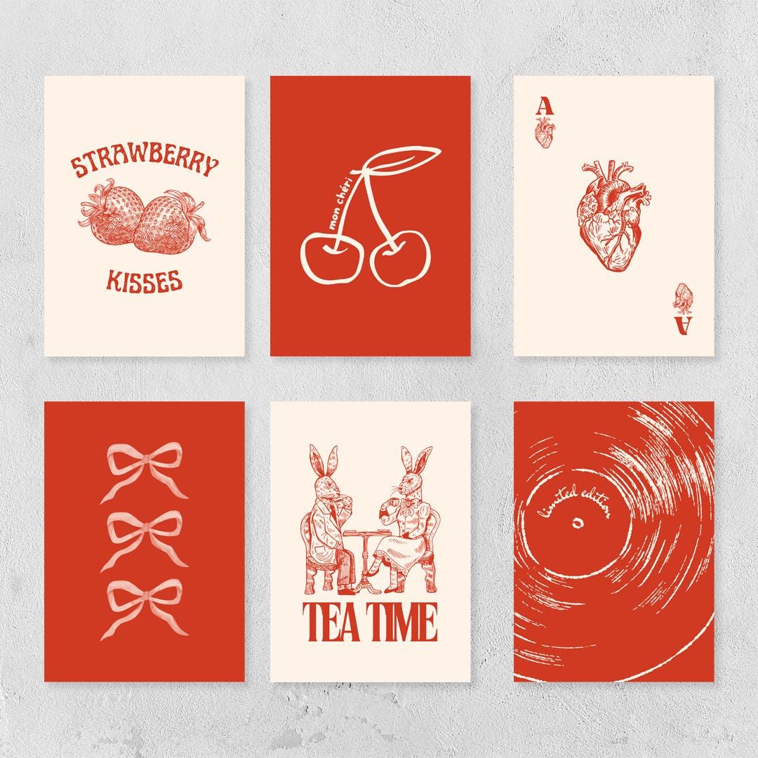 Vintage Red Prints, Aesthetic Trendy Wall Art, Set of 10, College Dorm ...