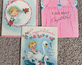 Free Shipping, Lot of Three (3) Vintage Baby Cards, Baby Girl Congratulations, Mid Century, Adorable and Pink