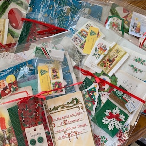 Huge Lot of >40 Pieces Antique/Vintage Christmas Ephemera, Cards, Wrap, Tags, Seals, Stickers, Ribbon, Buttons, All Original, Ships Free