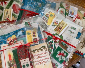 Huge Lot of >40 Pieces Antique/Vintage Christmas Ephemera, Cards, Wrap, Tags, Seals, Stickers, Ribbon, Buttons, All Original, Ships Free