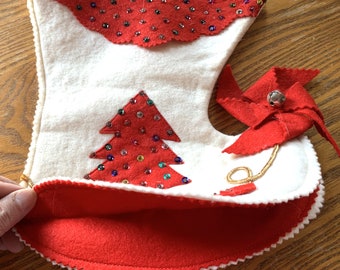 Completed Vintage Felt Christmas Stocking, Handmade, White Red, Bright and in Perfect Condition, Sequins, Pinwheel, Jingle Bell, Free Ship