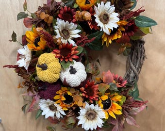 Autumn Sunflower Wreath with Knit Pumpkins, Fall Decor
