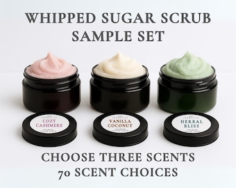 Foaming Sugar Scrub Sample Set, 70 Scents! Choose Your Scents, 3 Jars, 2oz each (Total of 6oz), Whipped Soap Body Polish
