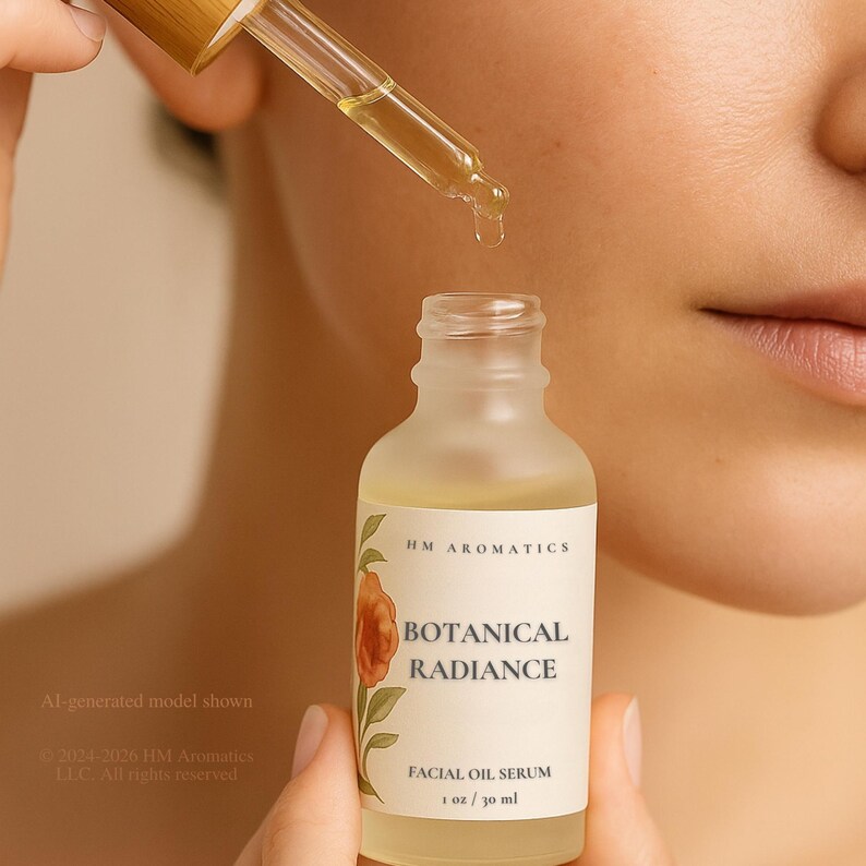 Op de afbeelding: Een matglazen flesje Botanical Radiance gezichtsolie serum met een druppelaar die het product afgeeft. Het etiket toont een bloemenontwerp en de tekst "HM Aromatics". De fles bevat 30 ml serum.