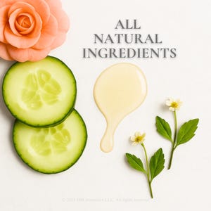 Op de afbeelding: Een compositie met verse komkommerschijfjes, een perzikroze roos, een gouden vloeistof en kleine witte bloemen met groene bladeren. De tekst "ALL NATURAL INGREDIENTS" wordt boven de vloeistof weergegeven.